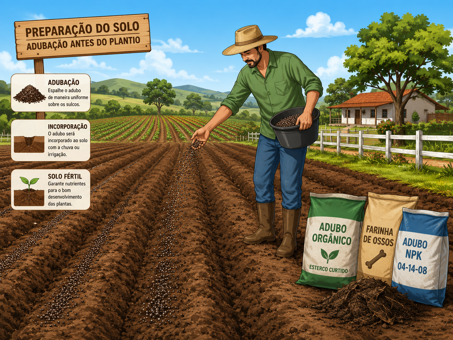Mãos colocando adubo orgânico (esterco e restos de vegetais) na terra de uma plantação.
