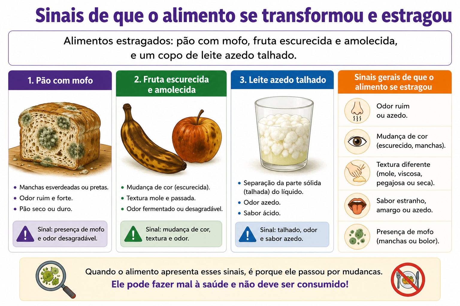 Alimentos estragados: pão com mofo, fruta escurecida e amolecida, e um copo de leite azedo talhado.