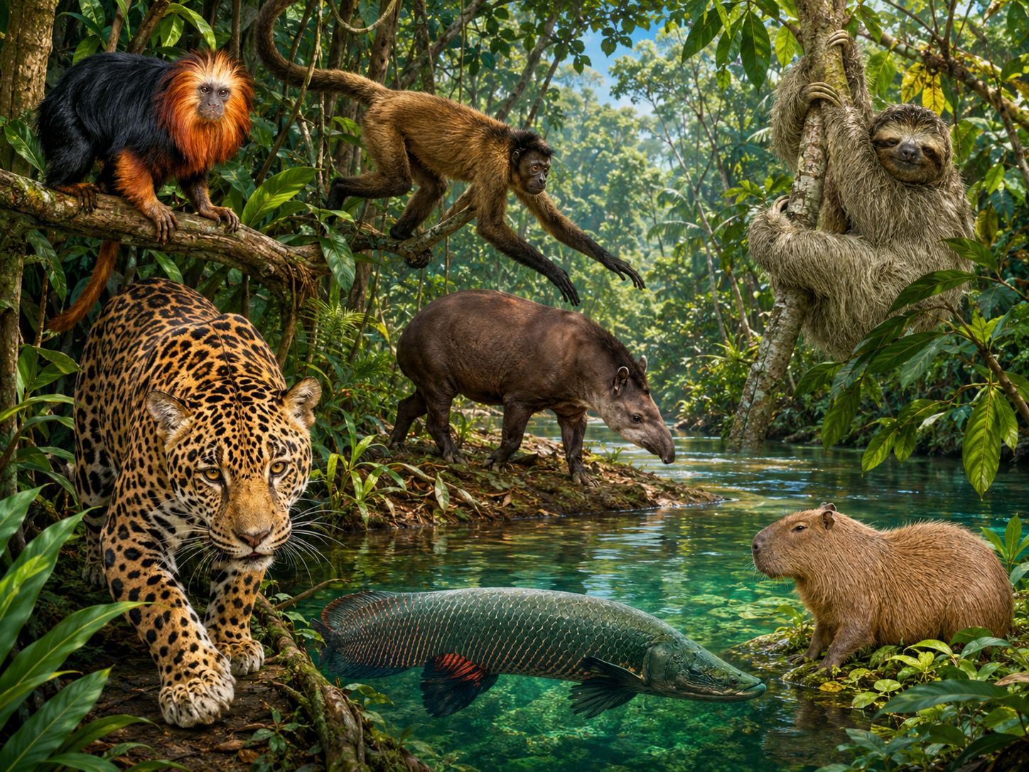Animais da Amazônia: onça-pintada, anta, capivara, lobo-guará, bicho-preguiça e macaco-prego.