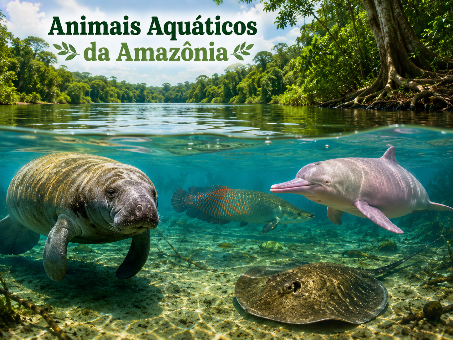 Animais aquáticos da Amazônia: peixe-boi, boto, pirarucu, jacaré, arraia e piranha.