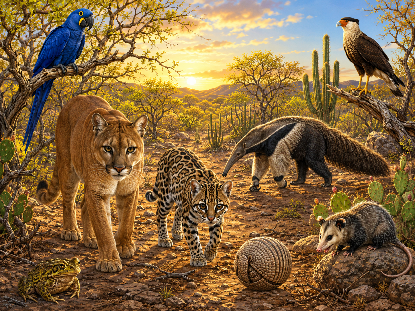 Animais comuns da Caatinga: onça-parda, jaguatirica, tamanduá-bandeira, tatu-bola, gambá, sapo-cururu, gavião-carcará e arara-azul.