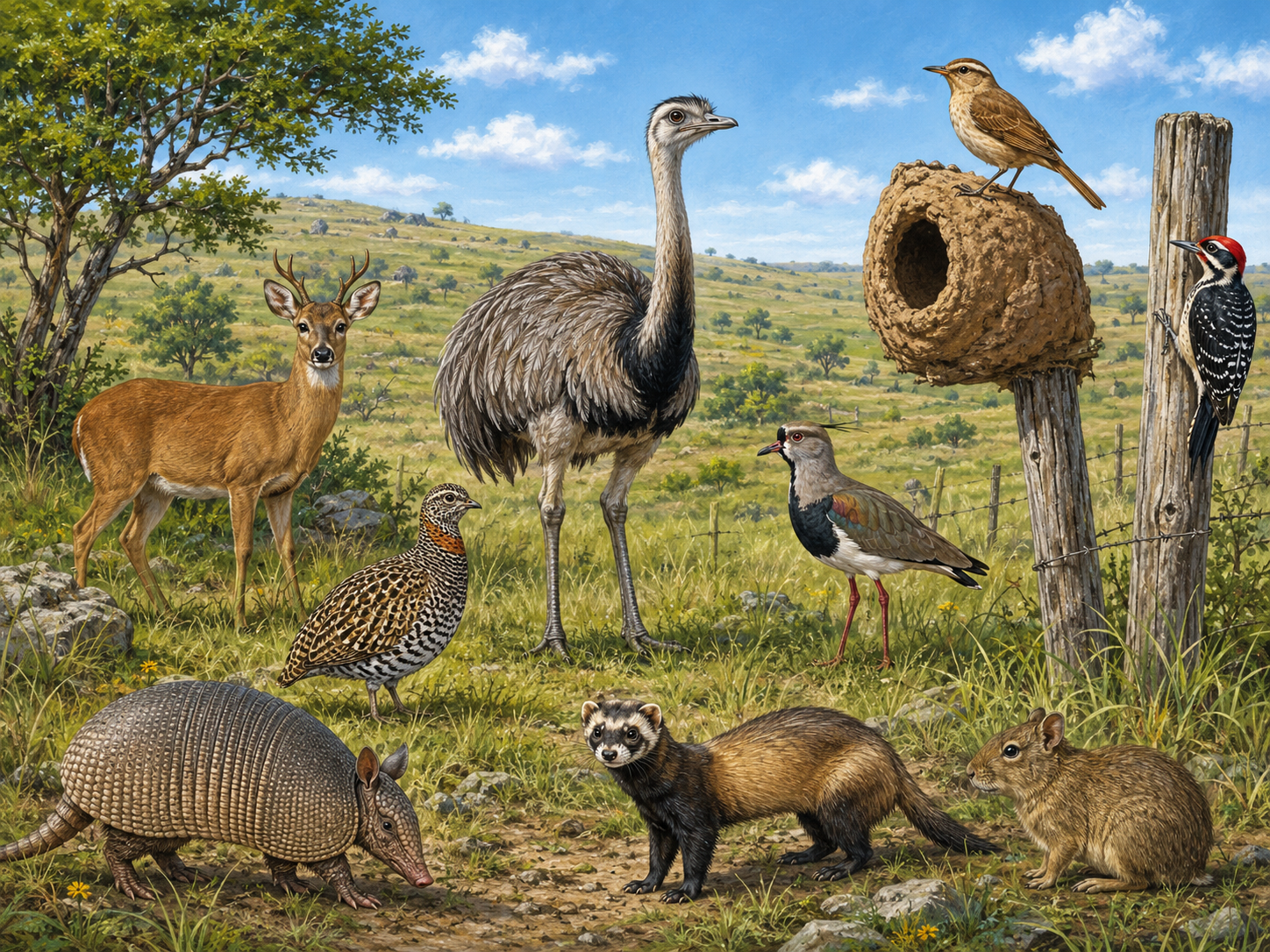 Animais do Pampa: aves como ema, joão-de-barro e quero-quero, e mamíferos como veado, tatu e preá.