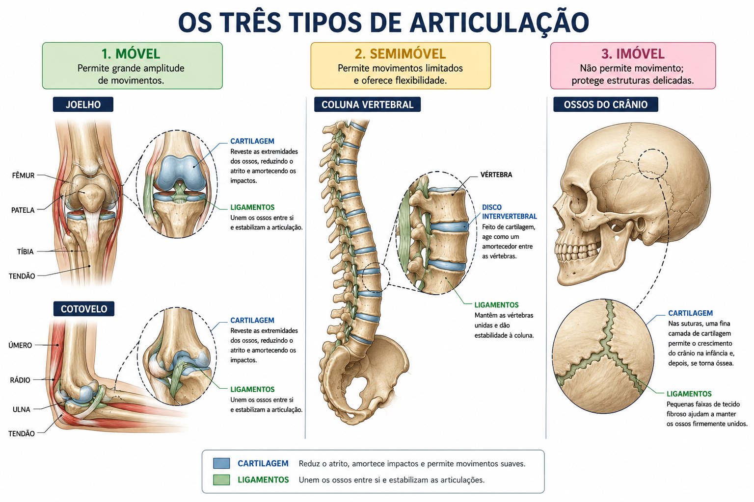 Os três tipos de articulação: móvel (joelho e cotovelo), semimóvel (coluna vertebral) e imóvel (ossos do crânio), com destaque para a cartilagem e os ligamentos.