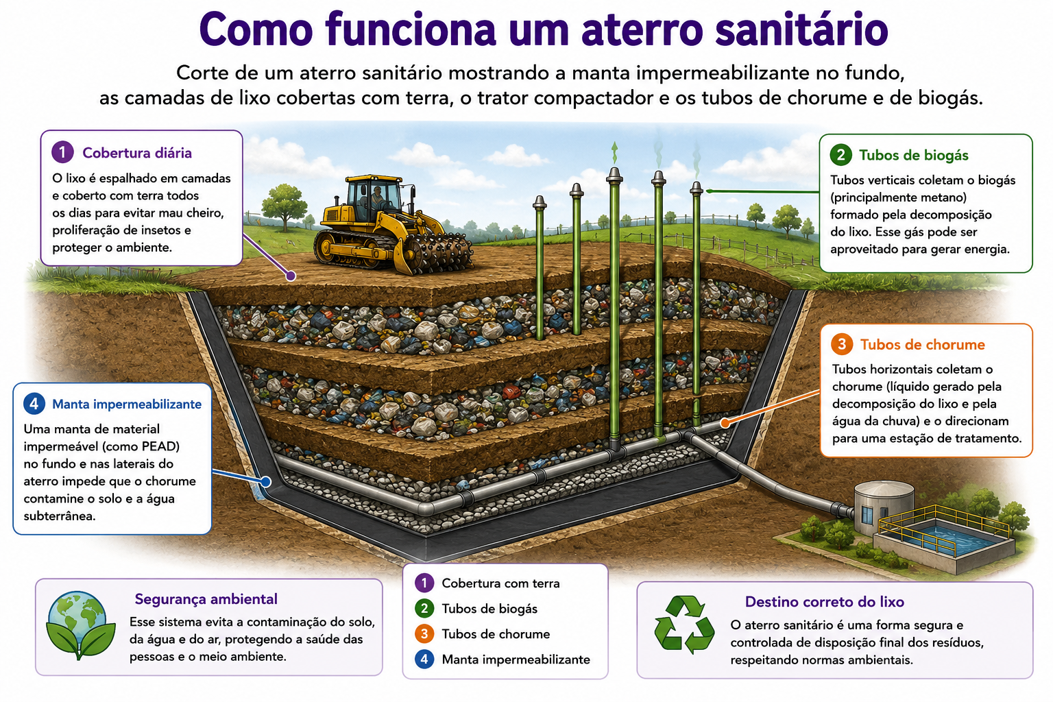 Corte de um aterro sanitário mostrando a manta impermeabilizante no fundo, as camadas de lixo cobertas com terra, o trator compactador e os tubos de chorume e de biogás.