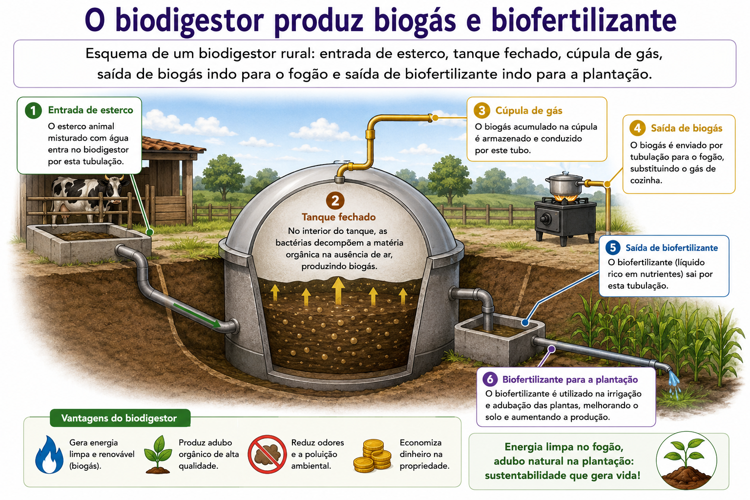 Esquema de um biodigestor rural: entrada de esterco, tanque fechado, cúpula de gás, saída de biogás indo para o fogão e saída de biofertilizante indo para a plantação.
