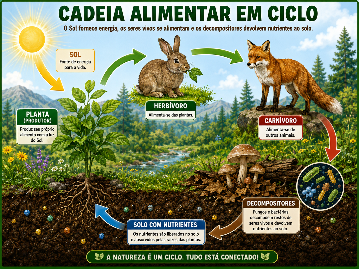 Cadeia alimentar em ciclo: o Sol e o solo com nutrientes, a planta (produtor), o herbívoro, o carnívoro e os decompositores devolvendo nutrientes ao solo, com setas ligando cada etapa.