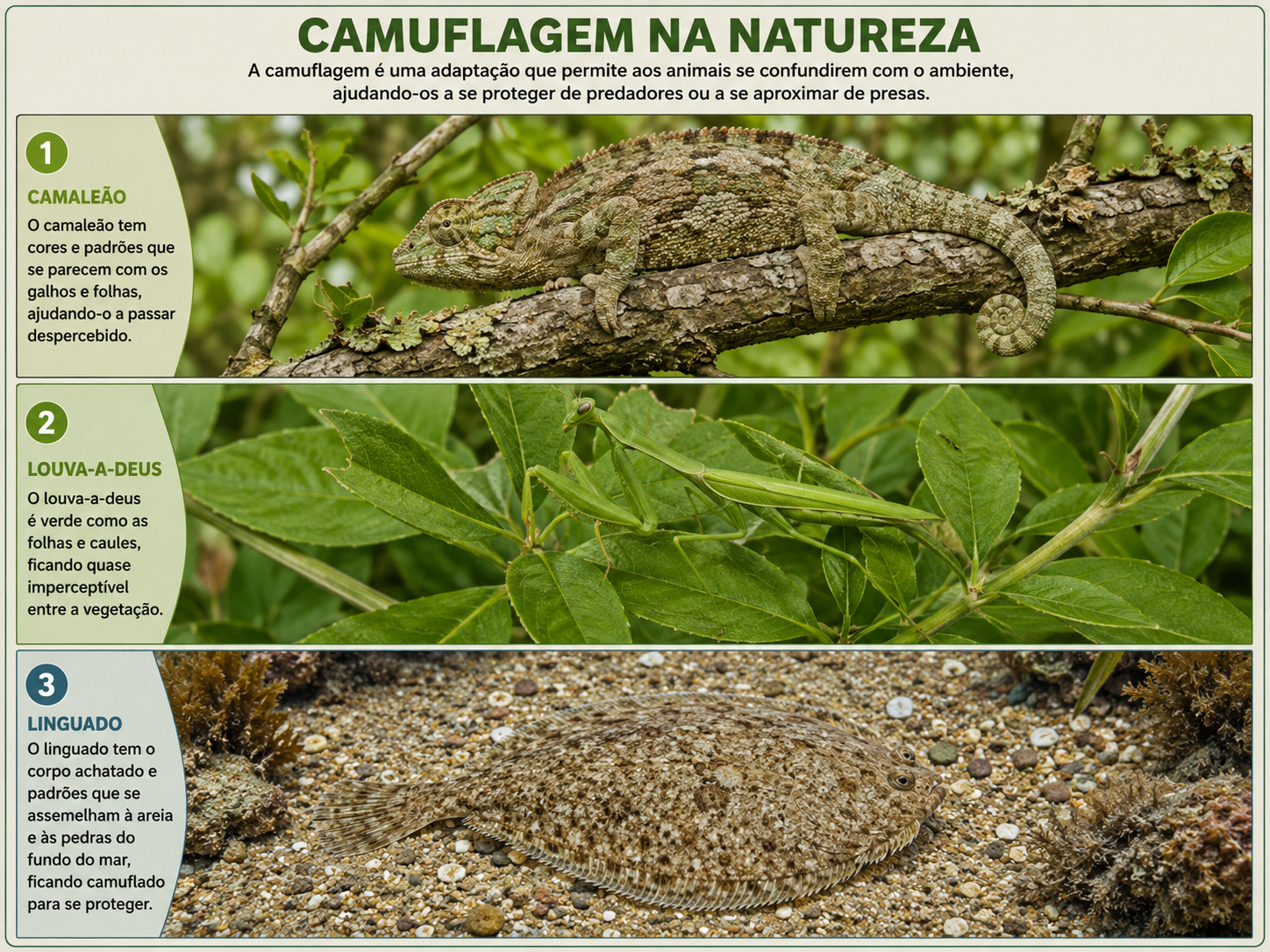 Exemplos de camuflagem: um camaleão em um galho, um louva-a-deus verde entre folhas e um linguado no fundo do mar, todos confundidos com o ambiente.