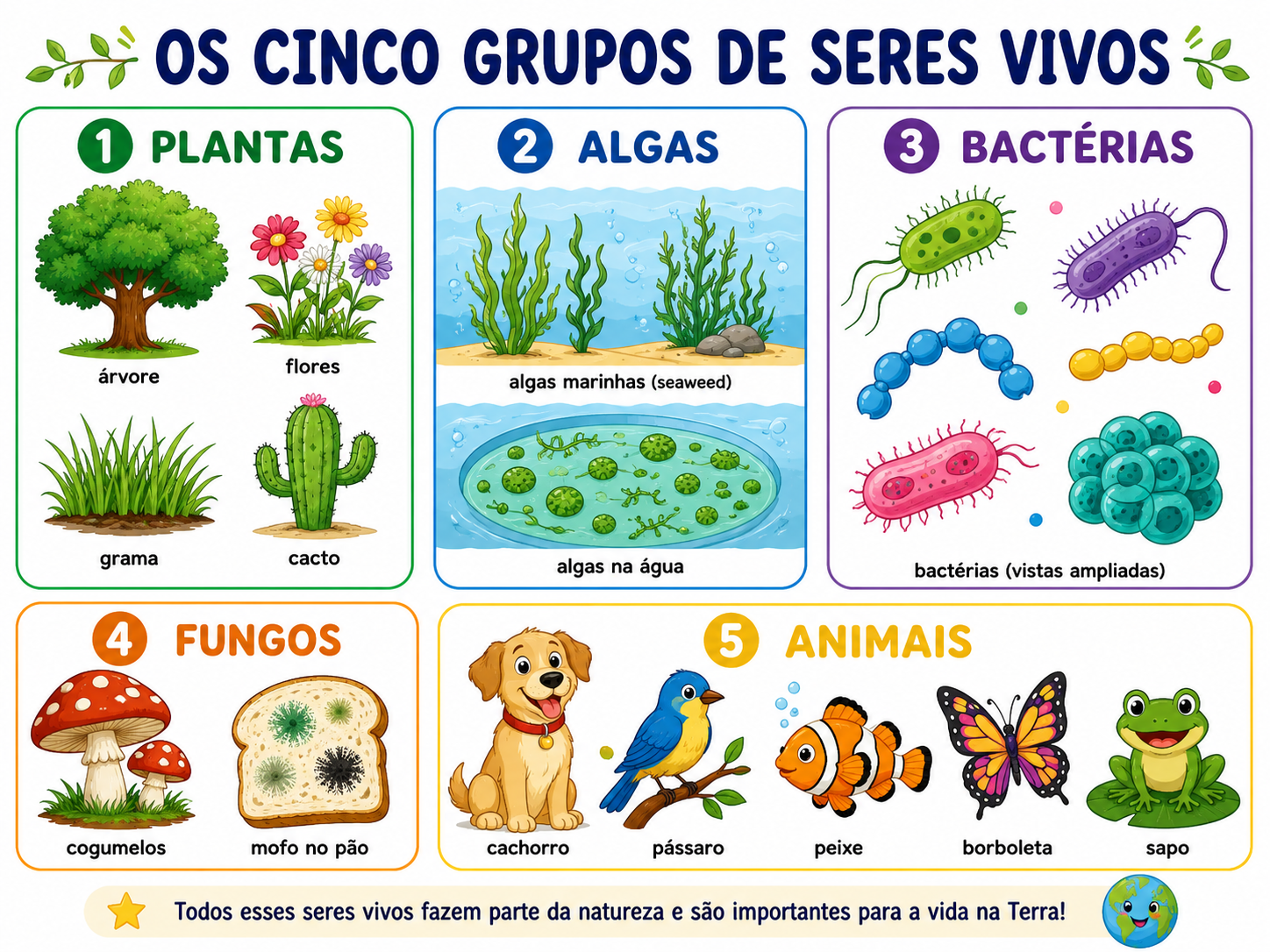 Os cinco grandes grupos de seres vivos: plantas, algas, bactérias, fungos e animais.