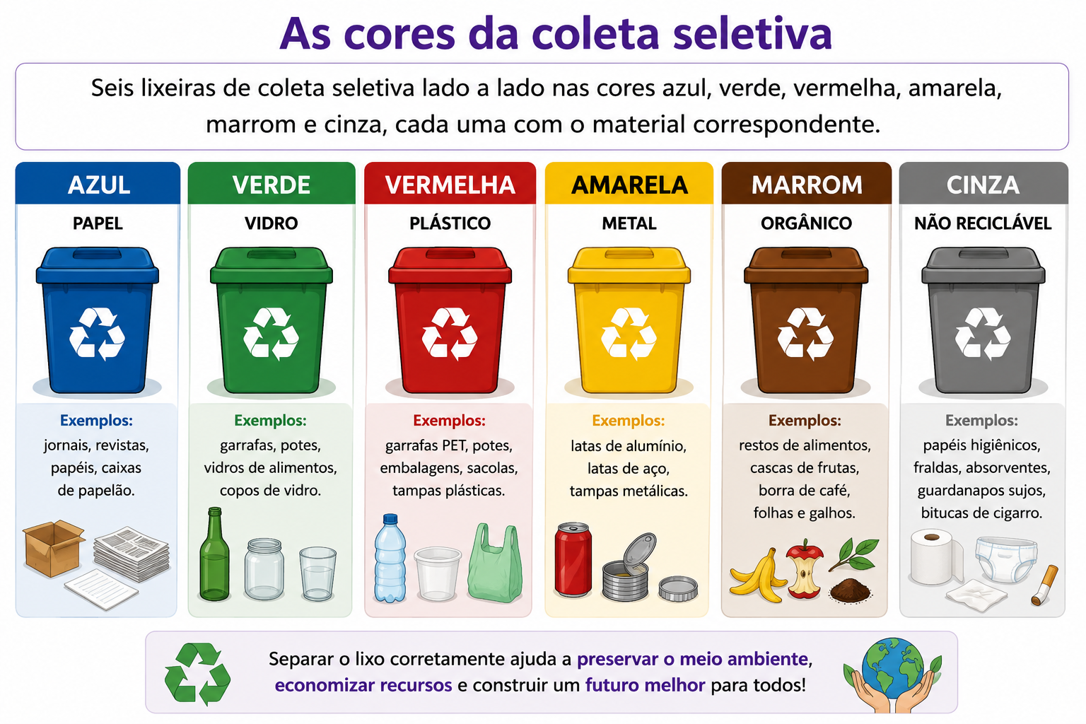 Seis lixeiras de coleta seletiva lado a lado nas cores azul, verde, vermelha, amarela, marrom e cinza, cada uma com o material correspondente.