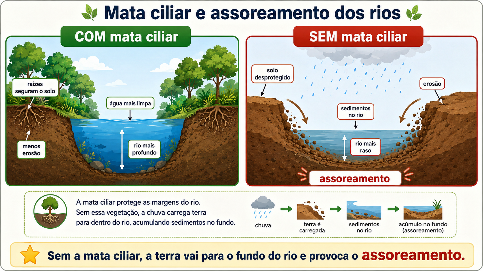 Comparação entre um rio com mata ciliar, que fica fundo e limpo, e um rio sem mata ciliar, cujo fundo enche de terra e fica raso — o que se chama assoreamento.