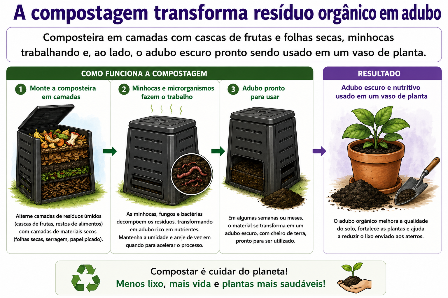 Composteira em camadas com cascas de frutas e folhas secas, minhocas trabalhando e, ao lado, o adubo escuro pronto sendo usado em um vaso de planta.