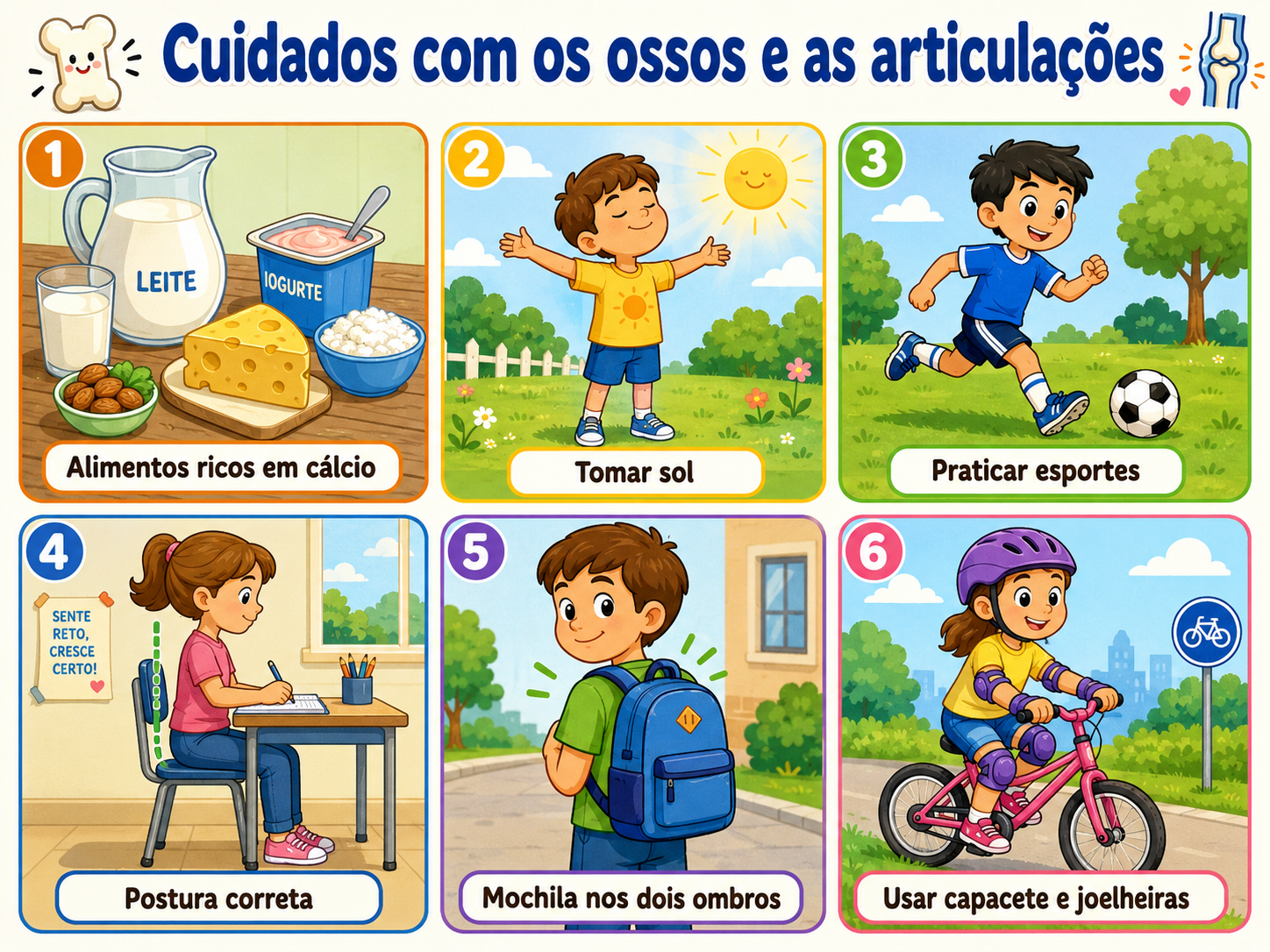Cuidados com os ossos e as articulações: alimentos ricos em cálcio, criança tomando sol, prática de esporte, postura correta ao sentar, mochila nos dois ombros e uso de capacete e joelheiras.