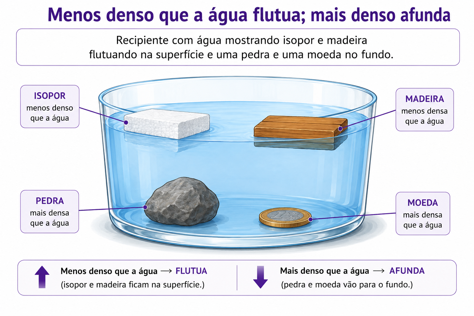 Recipiente com água mostrando isopor e madeira flutuando na superfície e uma pedra e uma moeda no fundo.
