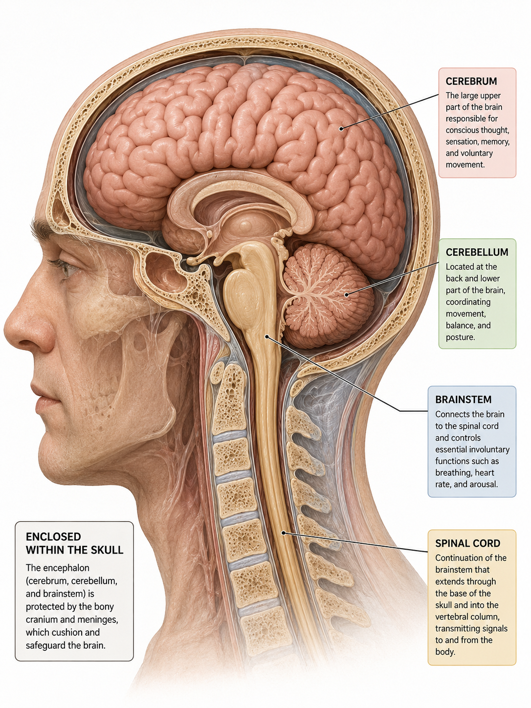 As partes do encéfalo dentro do crânio: o cérebro, o cerebelo e o tronco encefálico, ligados à medula espinhal.