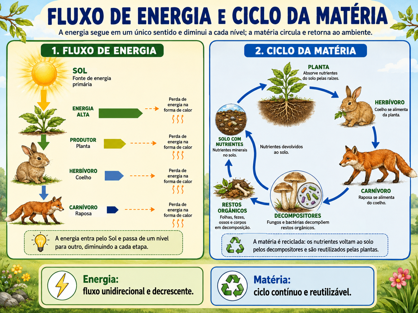 Esquema comparando o fluxo de energia, que vai do Sol para os seres vivos em um único sentido e diminui a cada nível, com o ciclo da matéria, em que os nutrientes voltam ao solo pelos decompositores.