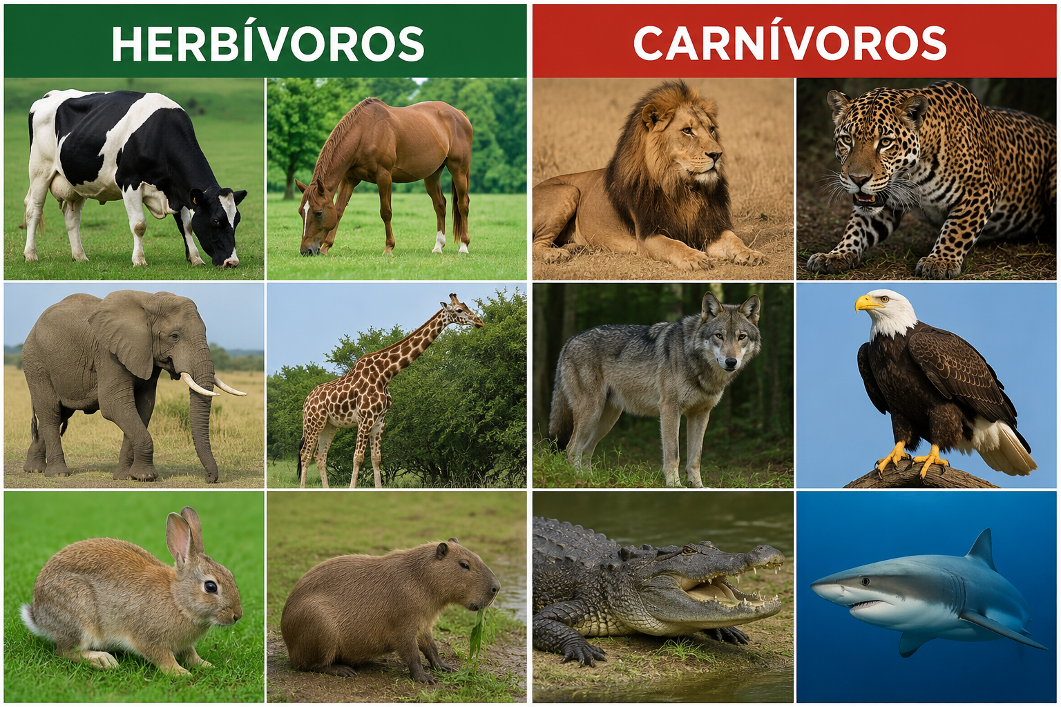 Animais herbívoros (que comem plantas) e animais carnívoros (que comem outros animais).