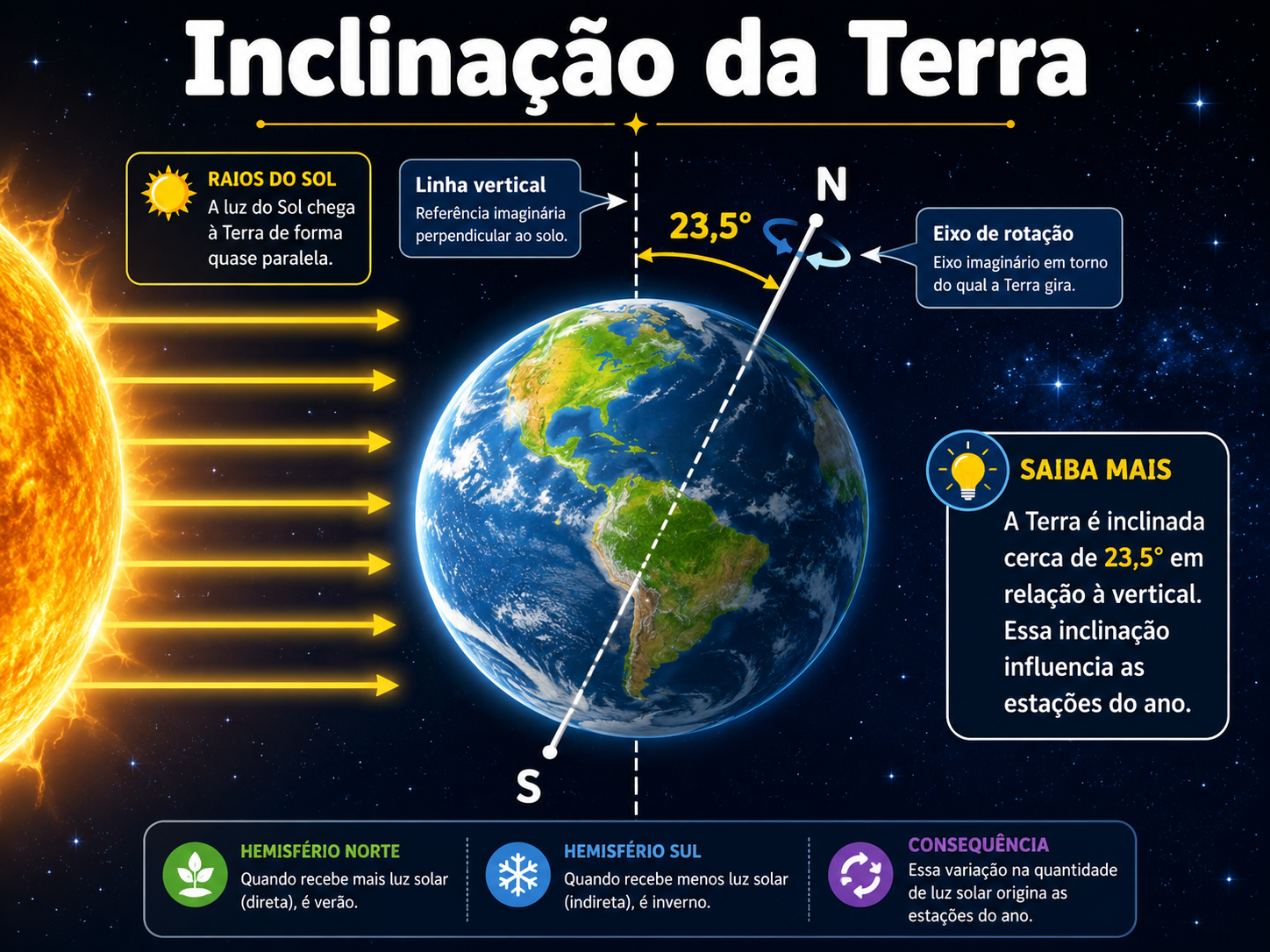 A Terra inclinada 23 graus em relação ao Sol, mostrando o hemisfério norte e o hemisfério sul recebendo os raios solares de formas diferentes.