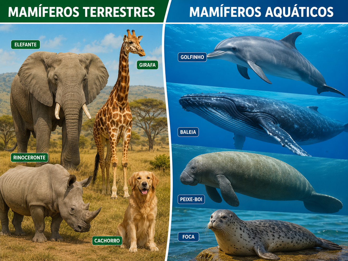 Mamíferos terrestres (elefante, girafa, rinoceronte, cachorro) e mamíferos aquáticos.