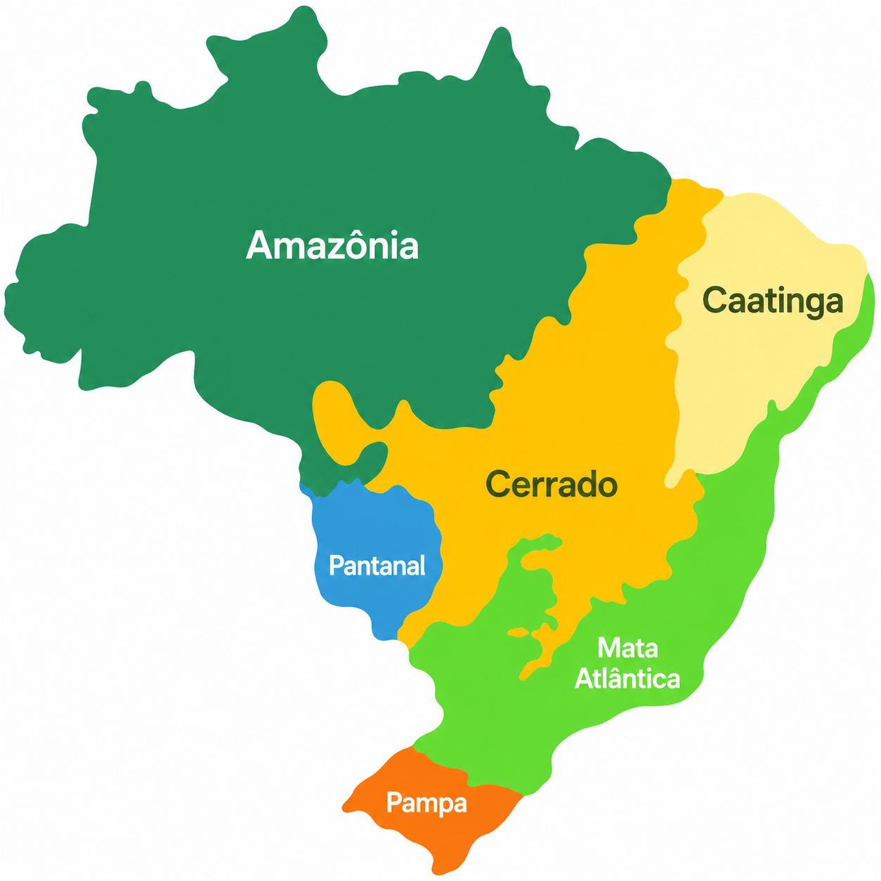 Mapa do Brasil colorido mostrando a localização dos seis biomas: Amazônia, Mata Atlântica, Pantanal, Pampa, Caatinga e Cerrado.