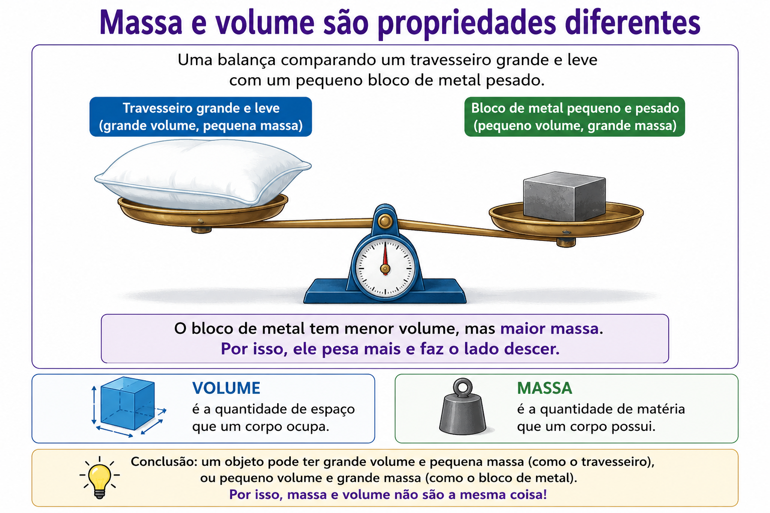 Uma balança comparando um travesseiro grande e leve com um pequeno bloco de metal pesado.