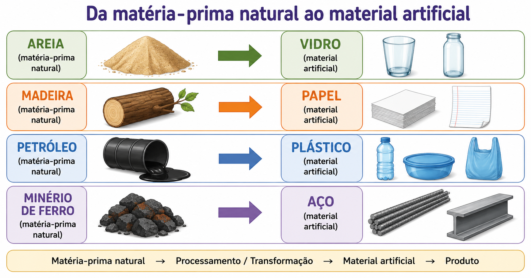 Setas ligando cada matéria-prima ao seu produto: areia vira vidro, madeira vira papel, petróleo vira plástico e minério de ferro vira aço.