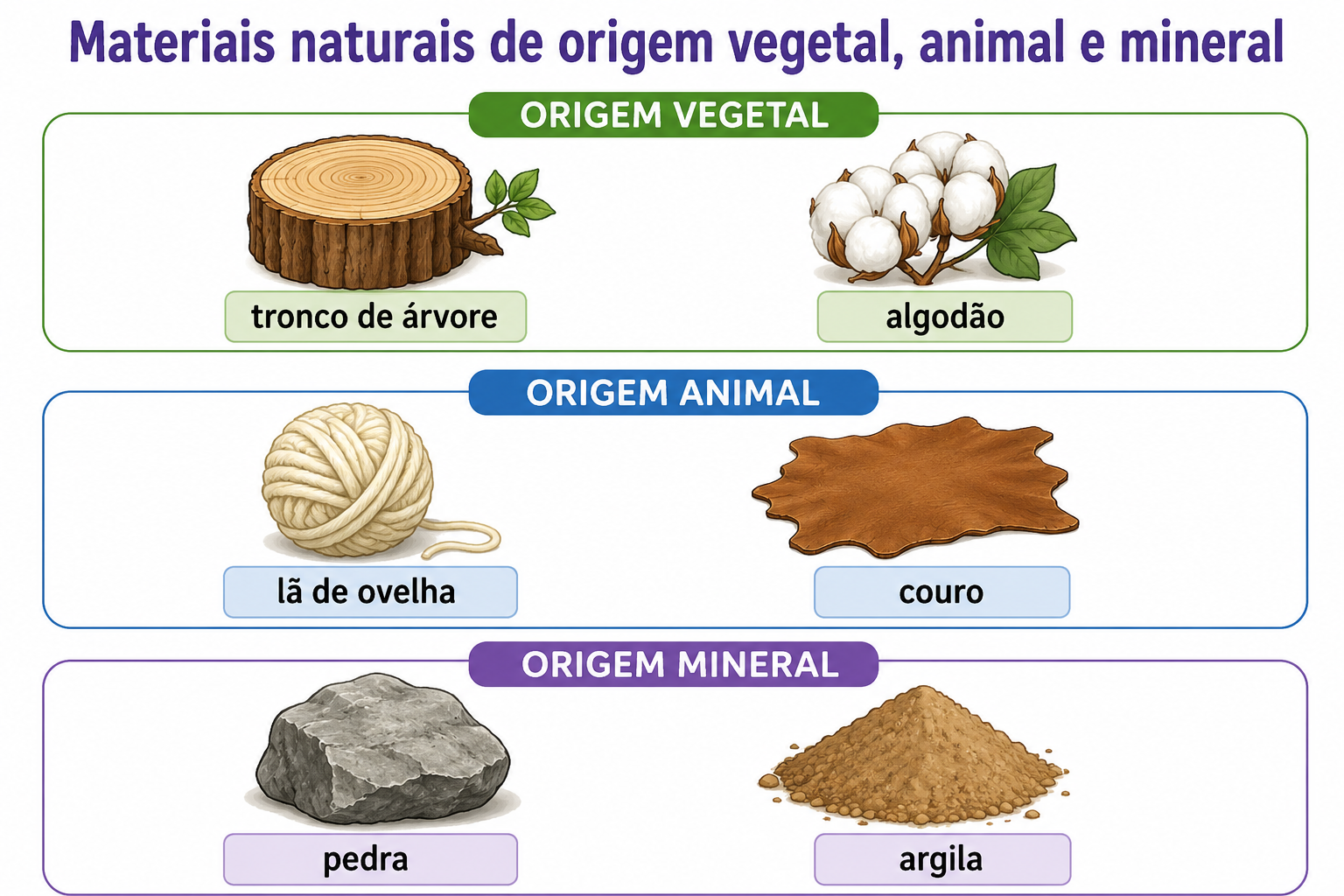 Exemplos de materiais naturais: tronco de árvore, algodão, lã de ovelha, couro, pedra e argila.
