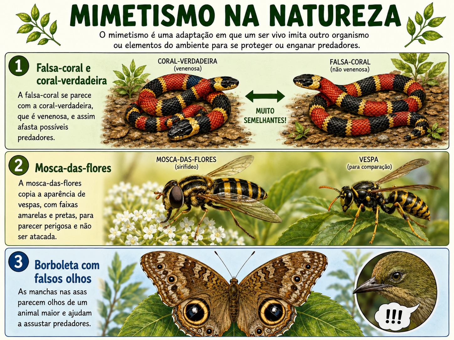 Exemplos de mimetismo: a falsa-coral imitando a coral-verdadeira, uma mosca-das-flores, que copia a aparência de vespas para não ser atacada, e uma borboleta com falsos olhos nas asas.