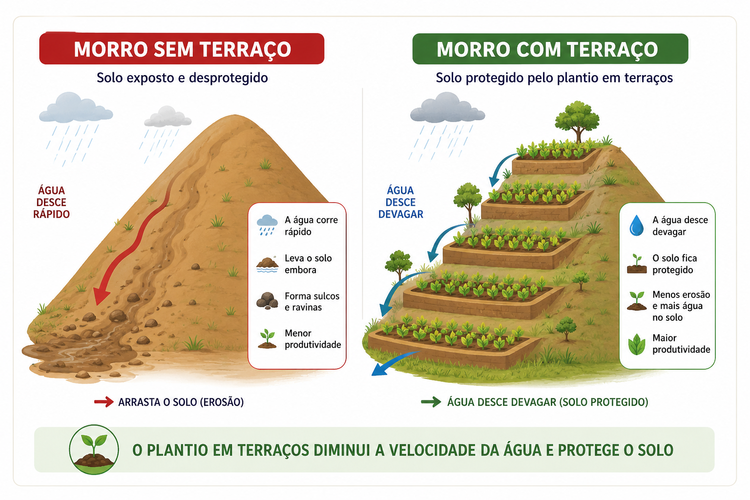 Comparação entre um morro sem terraços, onde a água desce rápido e arrasta o solo, e um morro com terraços em degraus, onde a água desce devagar e o solo fica protegido.