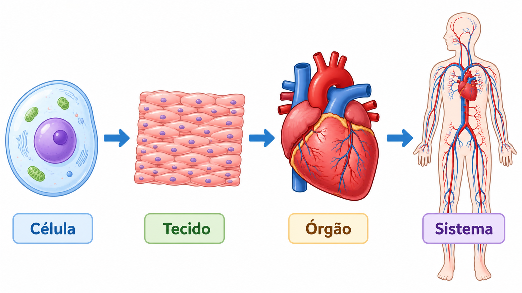 Os quatro níveis de organização do corpo humano em sequência: célula, tecido, órgão e sistema, com setas ligando um ao outro.