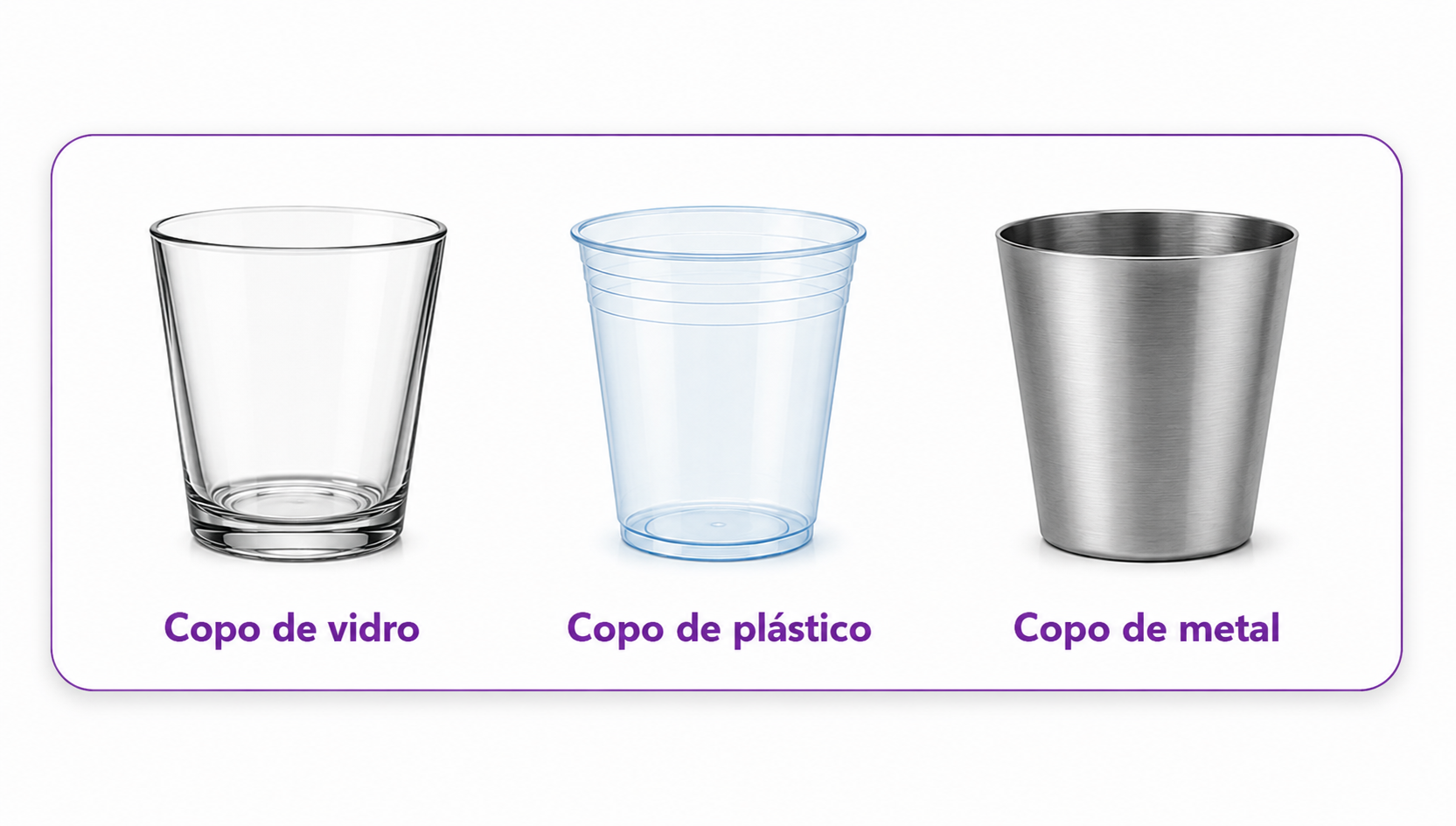 Três copos lado a lado — um de vidro, um de plástico e um de metal — mostrando o mesmo objeto feito de materiais diferentes.
