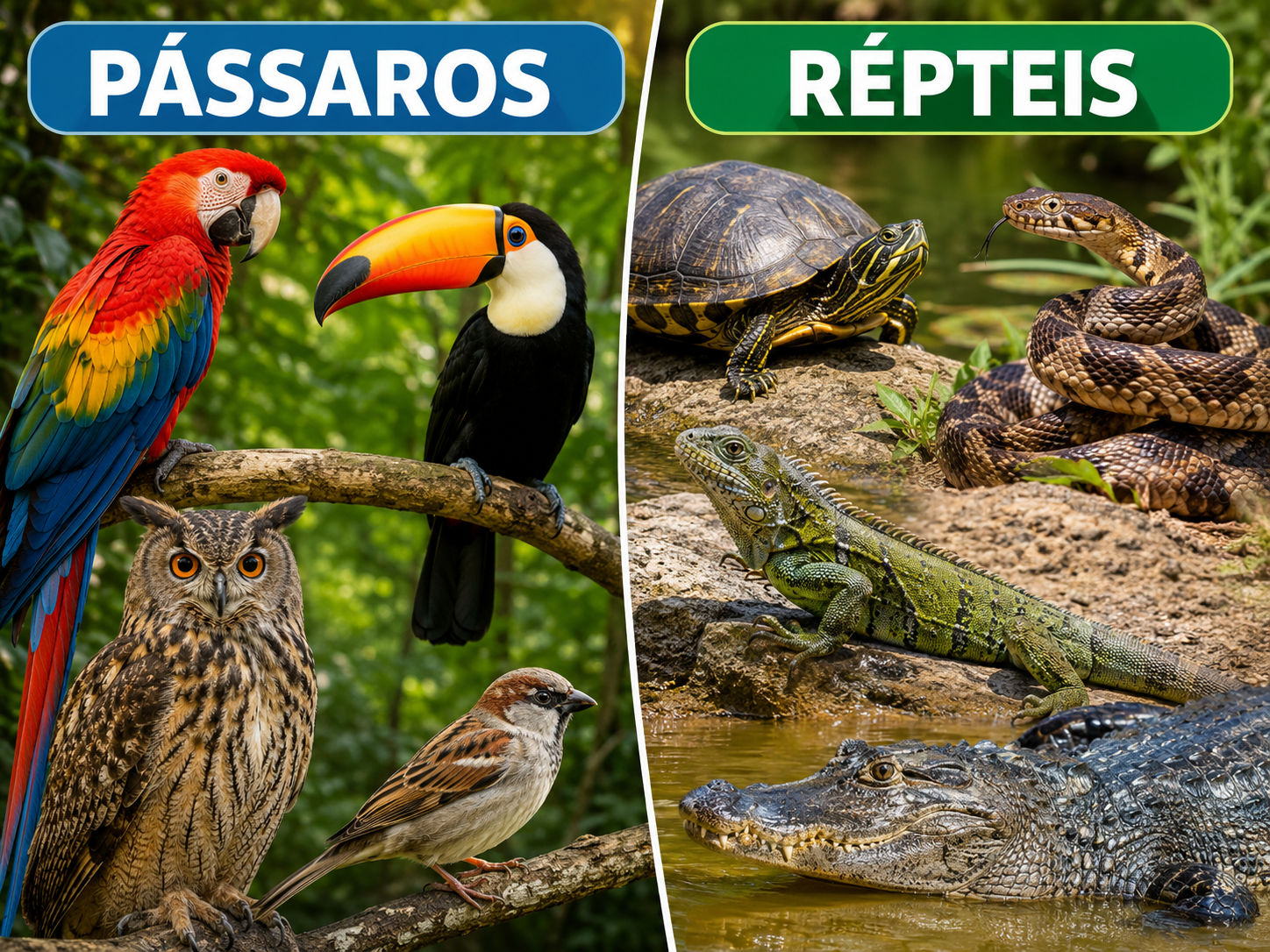 Exemplos de pássaros (aves) e de répteis, como crocodilos, tartarugas e cobras.