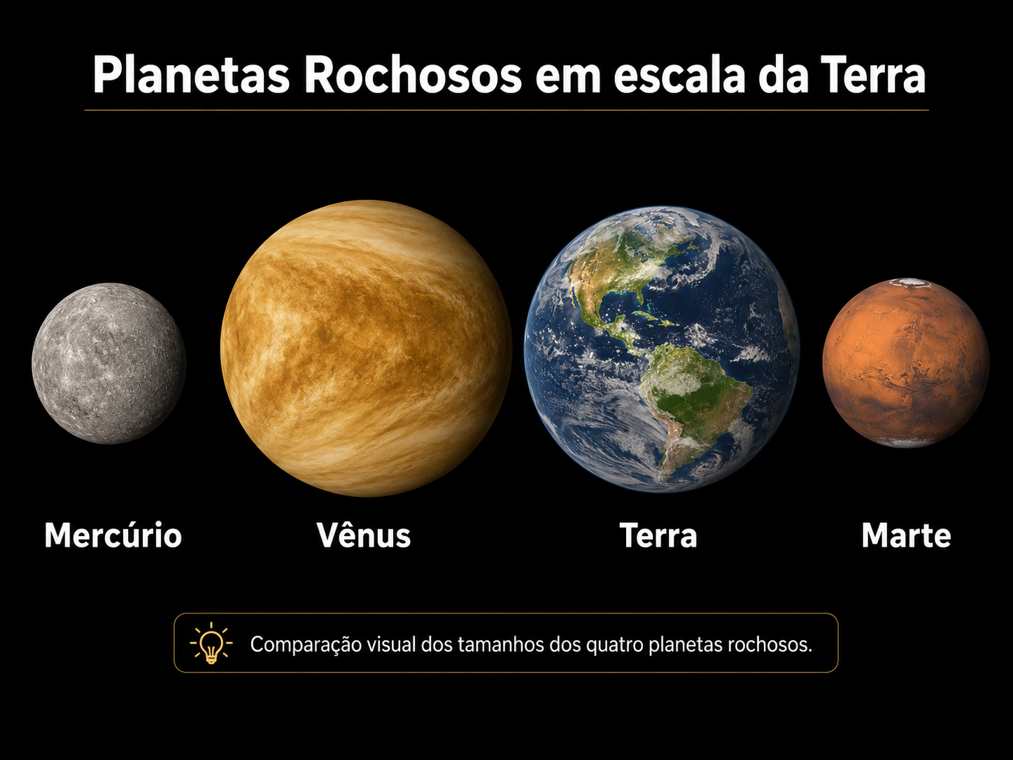 Os quatro planetas rochosos — Mercúrio, Vênus, Terra e Marte — lado a lado, comparando seus tamanhos.