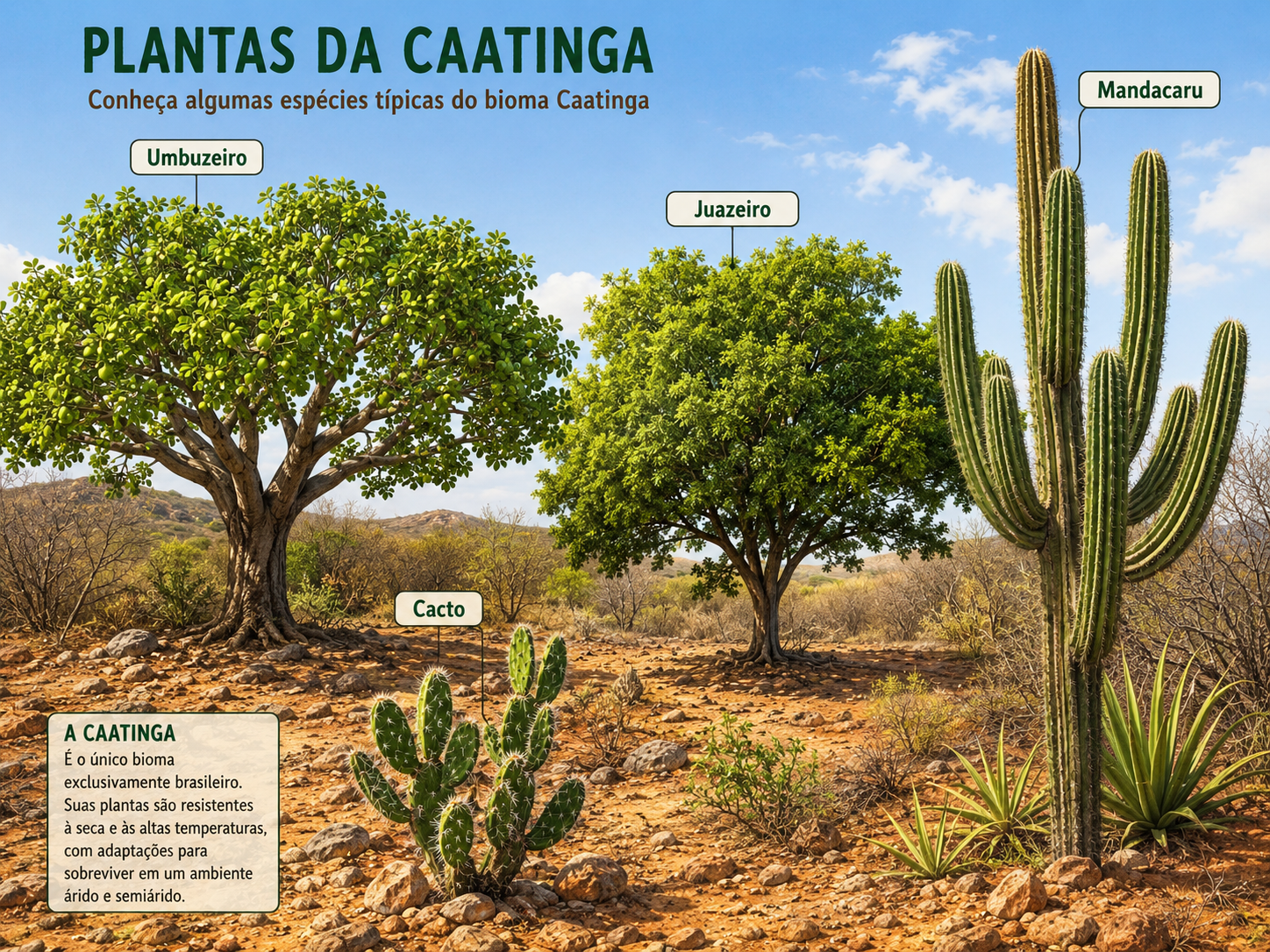 Plantas comuns na Caatinga: umbuzeiro, juazeiro, cacto e mandacaru.