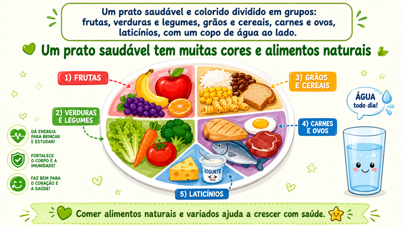 Um prato saudável e colorido dividido em grupos: frutas, verduras e legumes, grãos e cereais, carnes e ovos, laticínios, com um copo de água ao lado.