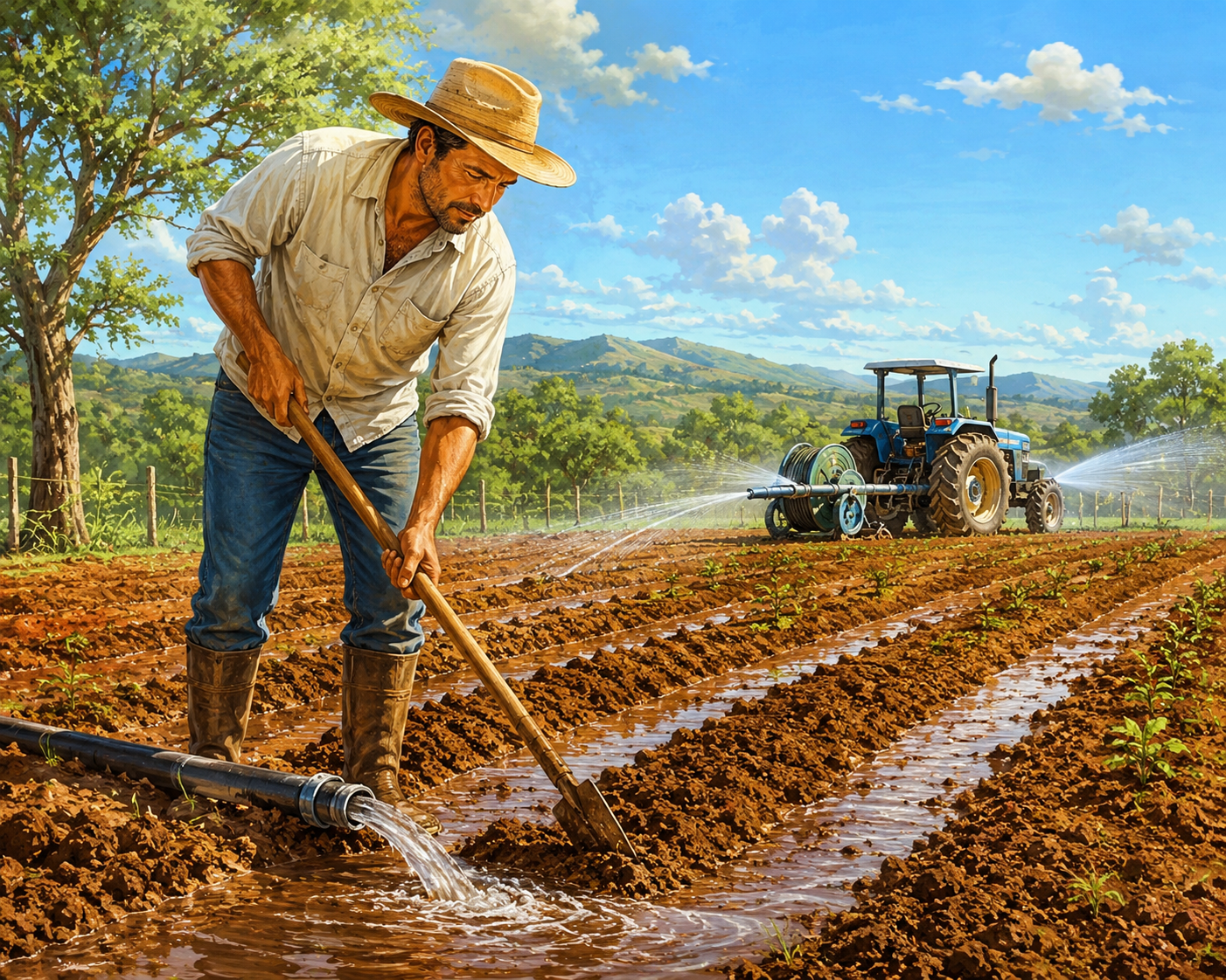 Agricultor preparando a terra e regando uma plantação com sistema de irrigação.