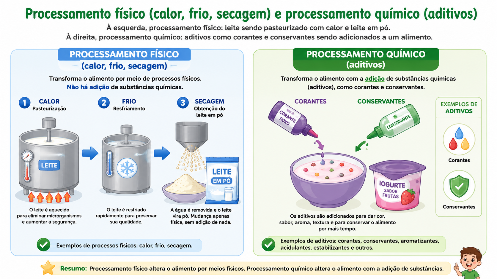 À esquerda, processamento físico: leite sendo pasteurizado com calor e leite em pó. À direita, processamento químico: aditivos como corantes e conservantes sendo adicionados a um alimento.
