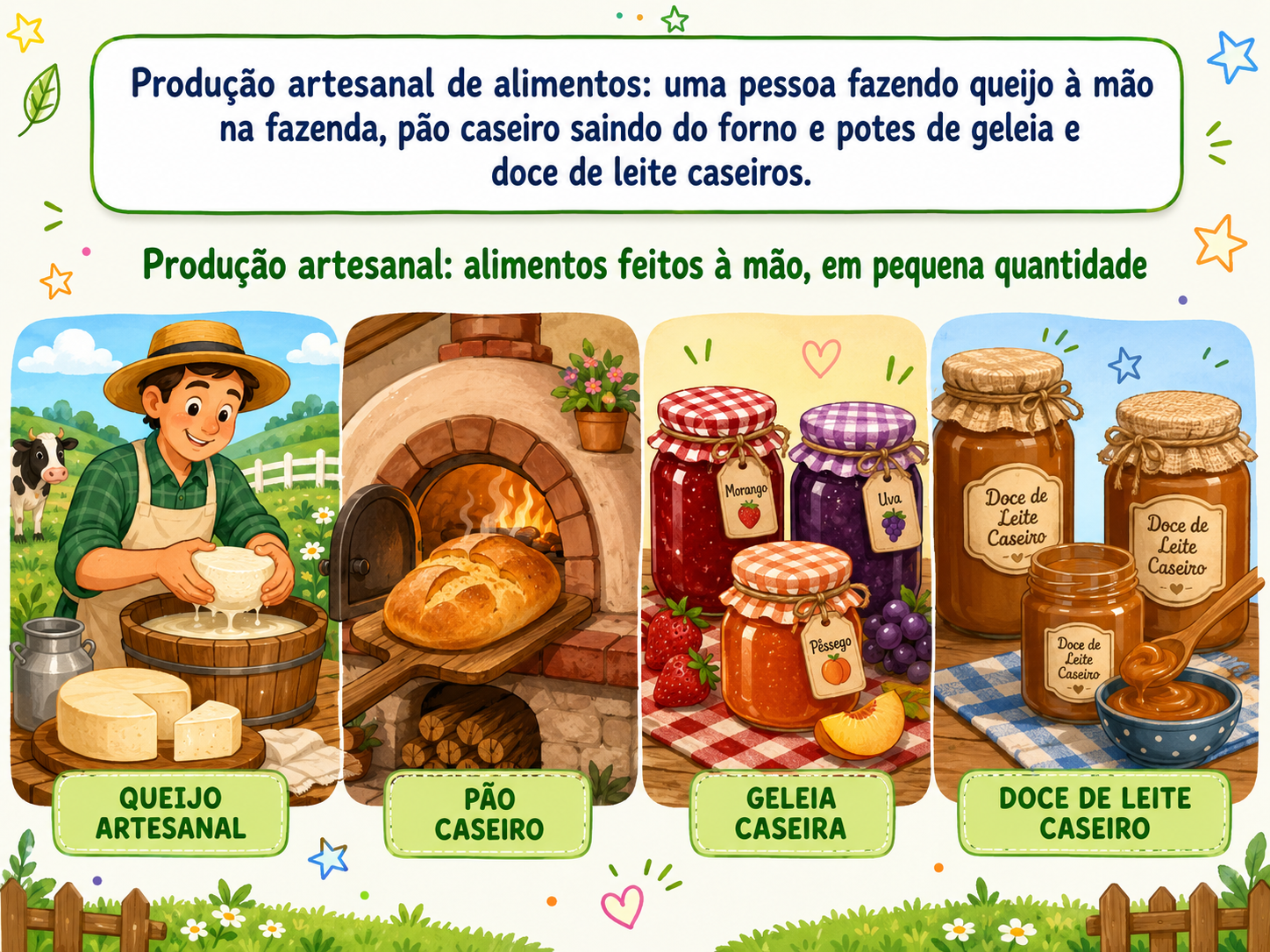 Produção artesanal de alimentos: uma pessoa fazendo queijo à mão na fazenda, pão caseiro saindo do forno e potes de geleia e doce de leite caseiros.