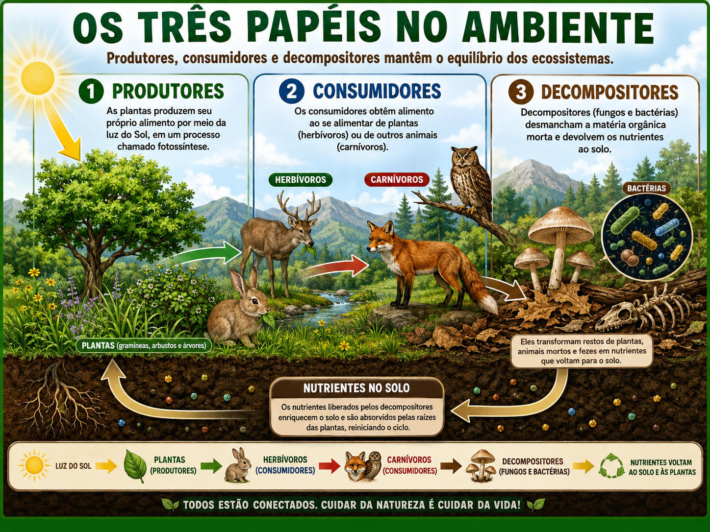 Os três papéis no ambiente: produtores (plantas), consumidores (herbívoros e carnívoros) e decompositores (fungos e bactérias) devolvendo nutrientes ao solo.