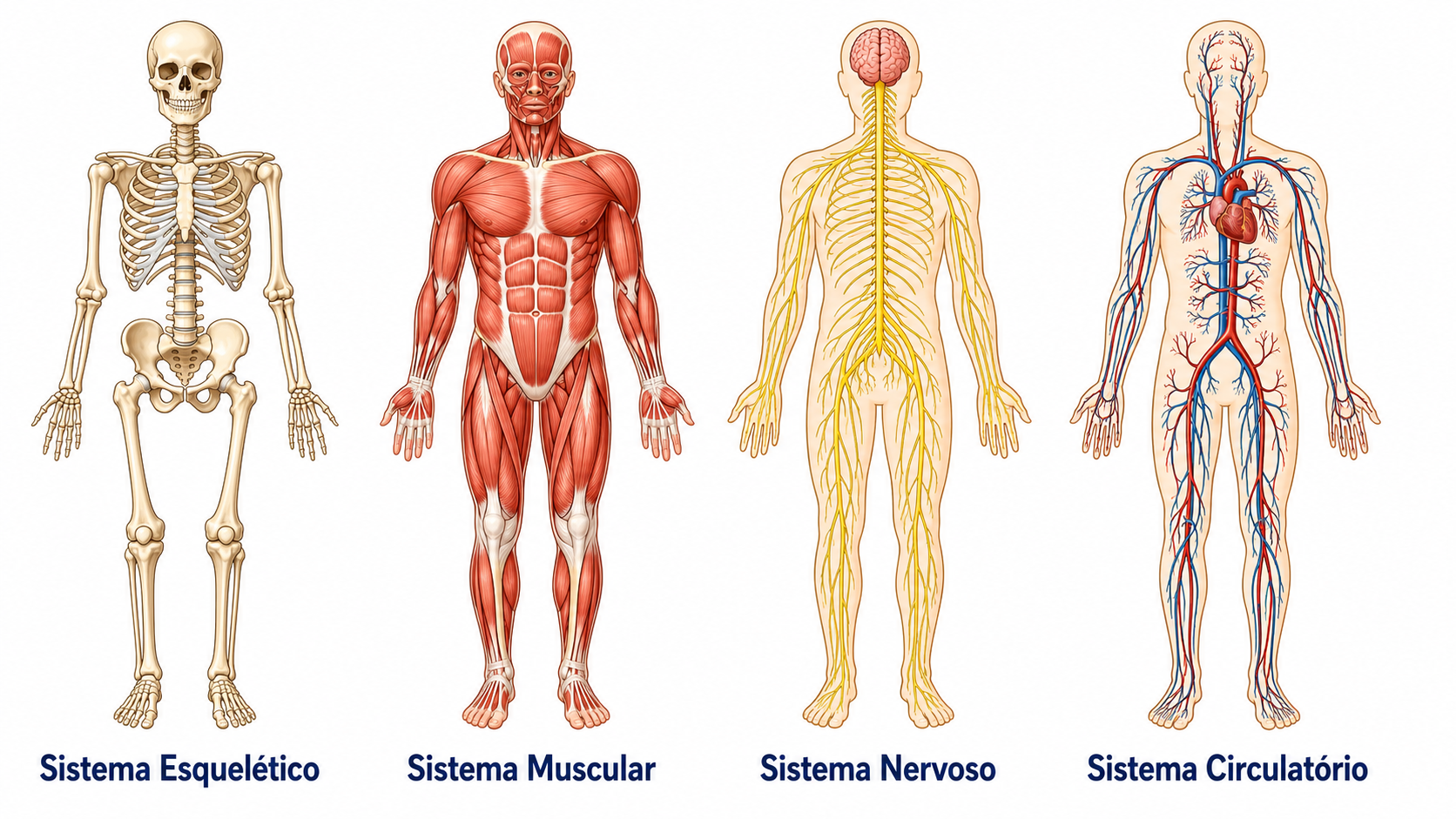 Quatro sistemas do corpo humano lado a lado: o sistema esquelético, o sistema muscular, o sistema nervoso e o sistema circulatório.