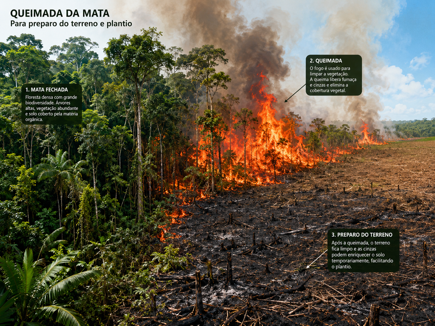 Área de vegetação sendo queimada para o plantio, com fumaça e solo escurecido pelo fogo.