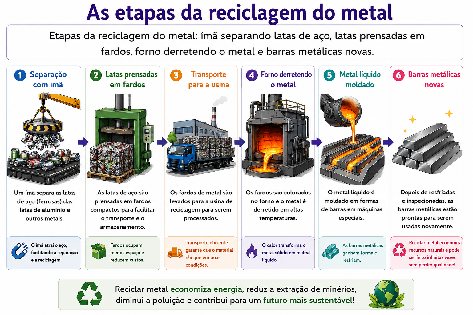 Etapas da reciclagem do metal: ímã separando latas de aço, latas prensadas em fardos, forno derretendo o metal e barras metálicas novas.