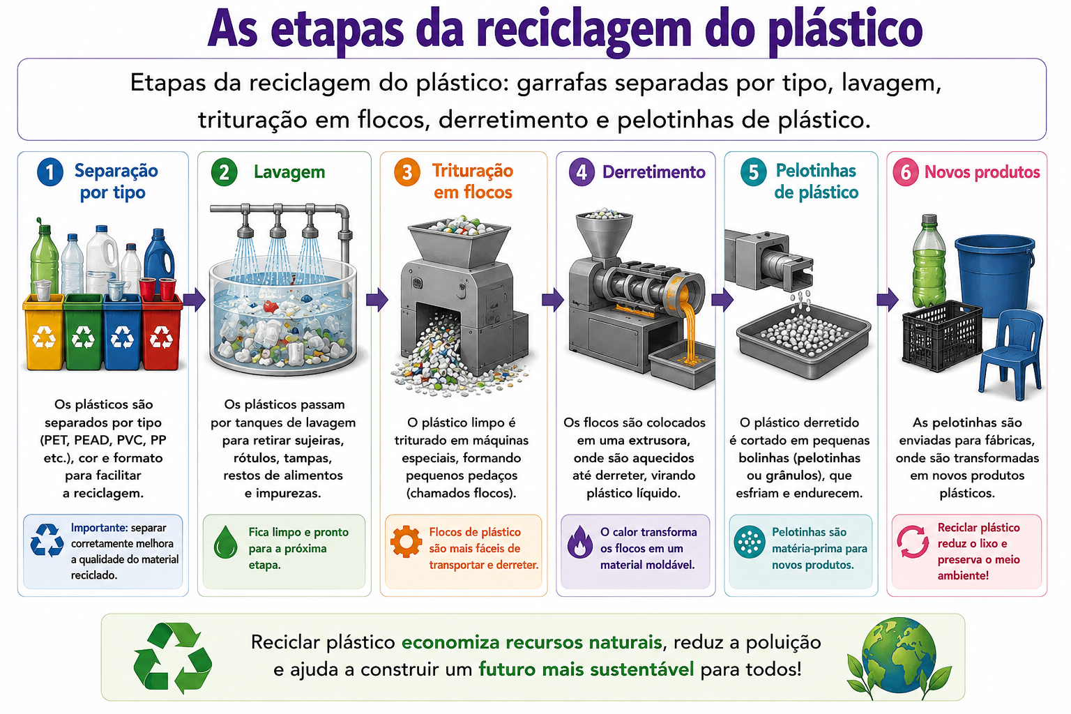 Etapas da reciclagem do plástico: garrafas separadas por tipo, lavagem, trituração em flocos, derretimento e pelotinhas de plástico.