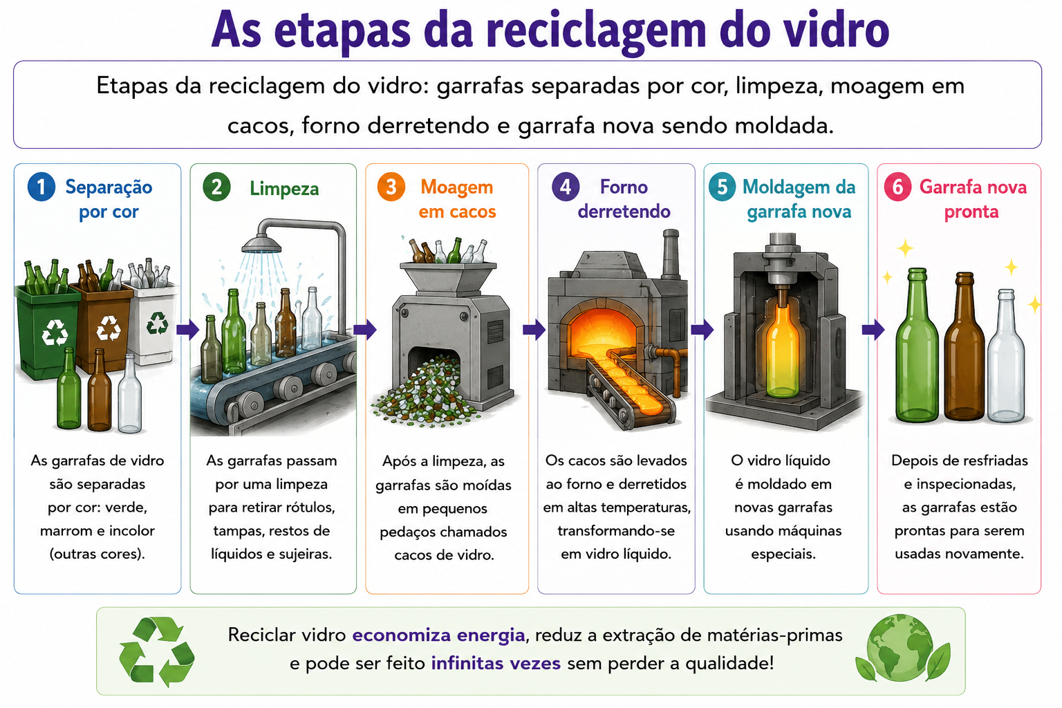 Etapas da reciclagem do vidro: garrafas separadas por cor, limpeza, moagem em cacos, forno derretendo e garrafa nova sendo moldada.