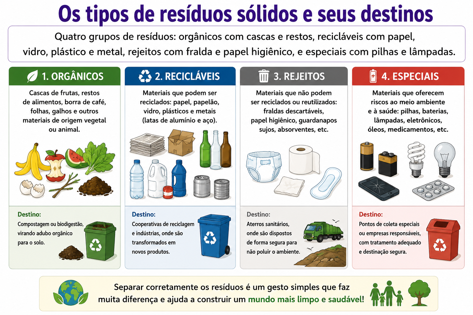 Quatro grupos de resíduos: orgânicos com cascas e restos, recicláveis com papel, vidro, plástico e metal, rejeitos com fralda e papel higiênico, e especiais com pilhas e lâmpadas.