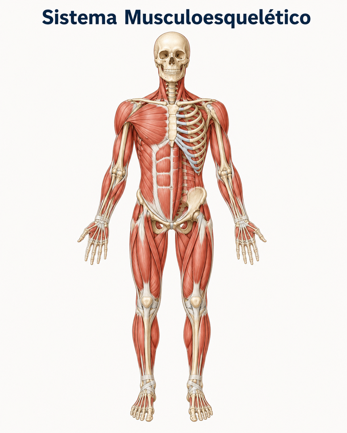O sistema musculoesquelético: o esqueleto com os ossos e os músculos ligados a eles pelos tendões.