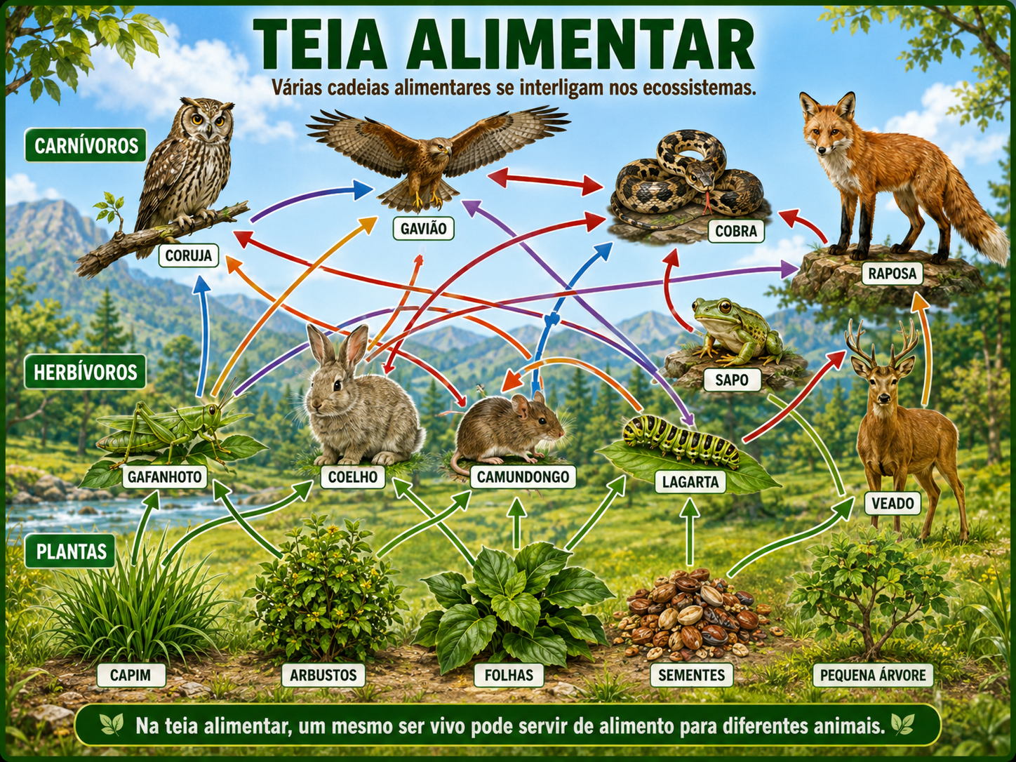 Teia alimentar: várias cadeias alimentares interligadas, com plantas, herbívoros e carnívoros conectados por muitas setas.