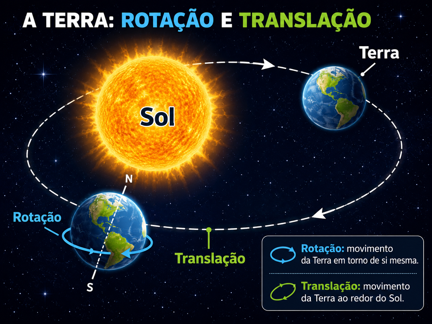 A Terra girando em torno de si mesma (rotação) e ao mesmo tempo se movendo ao redor do Sol (translação).