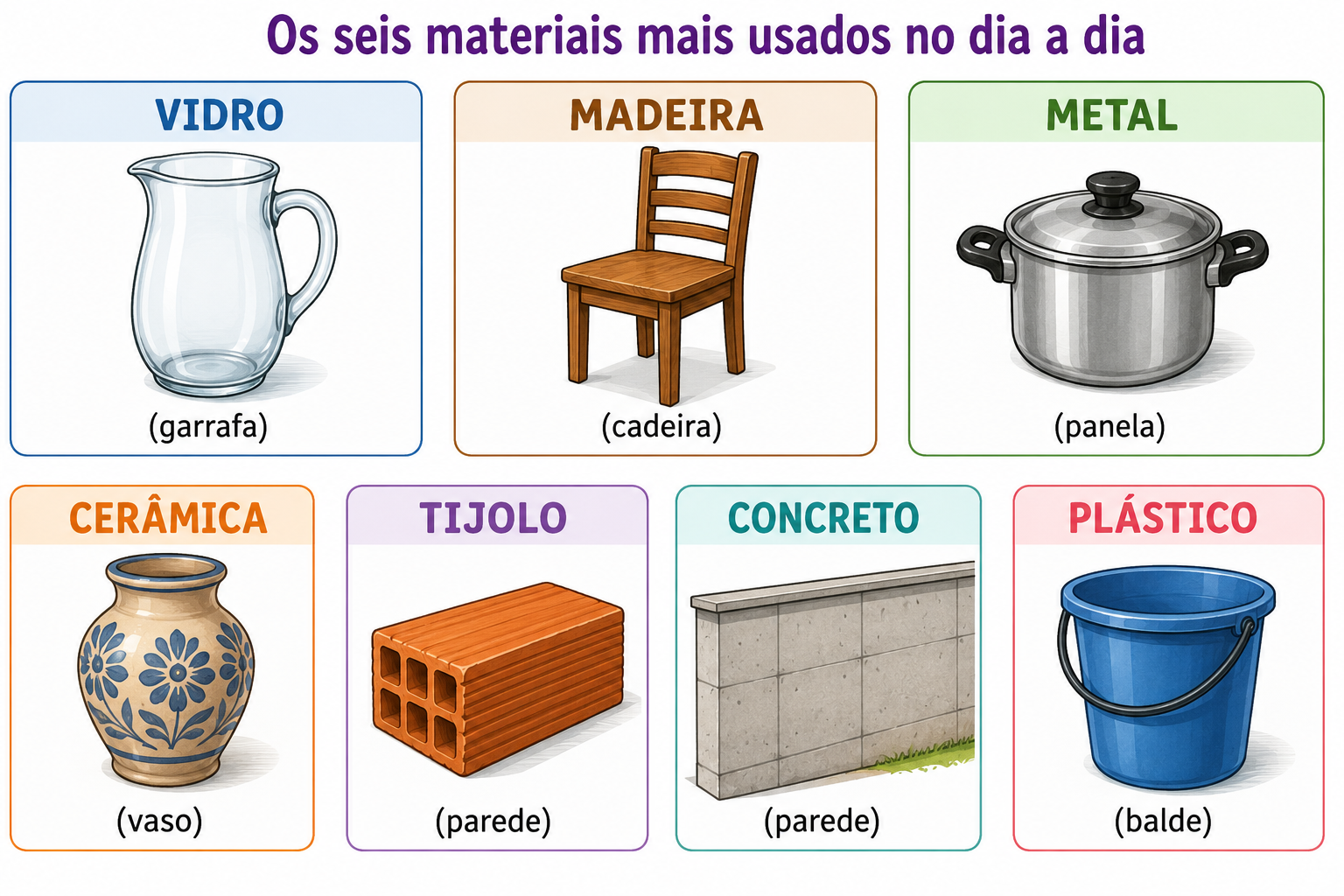 Seis quadros com exemplos de cada material: vidro (garrafa), madeira (cadeira), metal (panela), cerâmica (vaso), tijolo e concreto (parede) e plástico (balde).