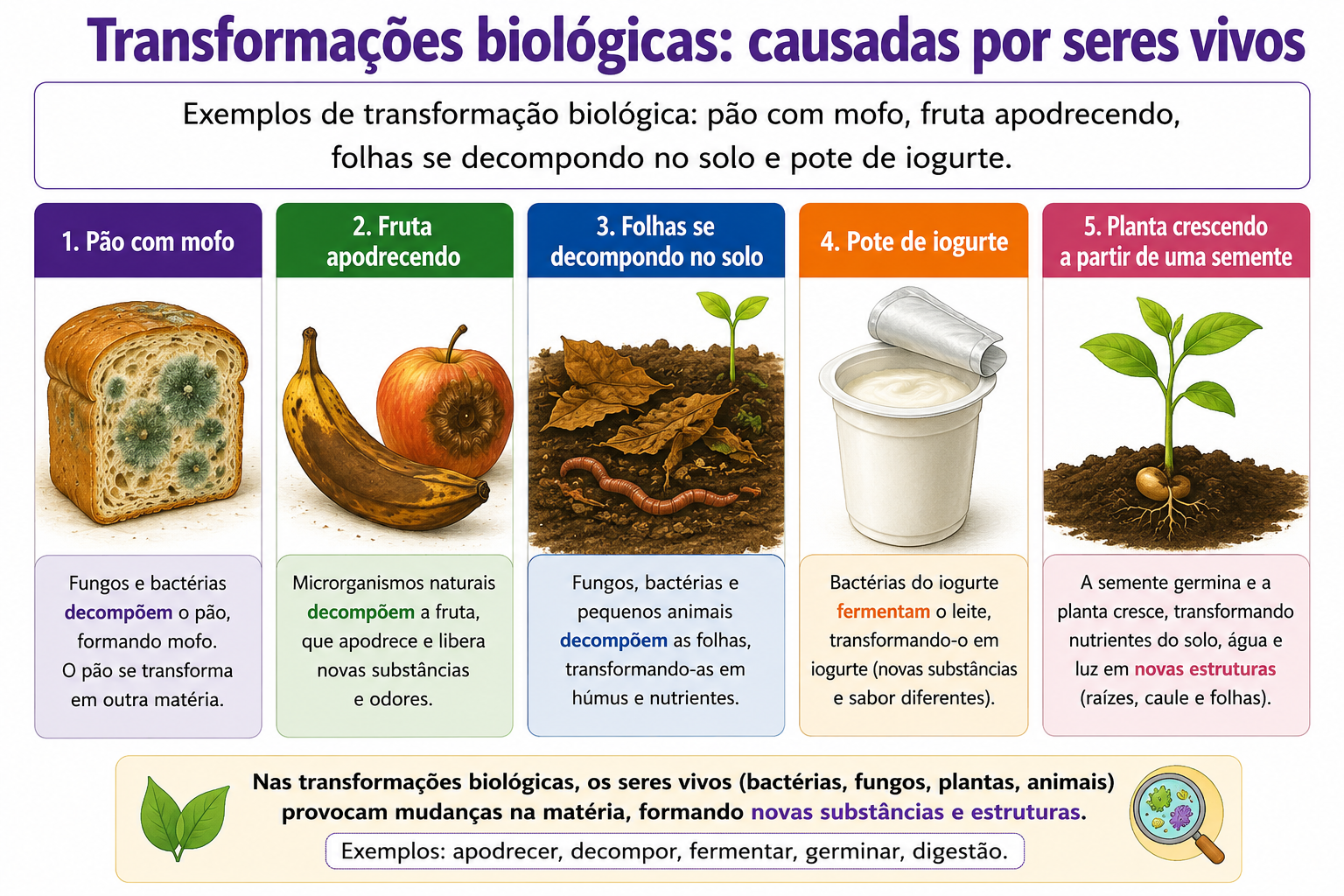 Exemplos de transformação biológica: pão com mofo, fruta apodrecendo, folhas se decompondo no solo e pote de iogurte.