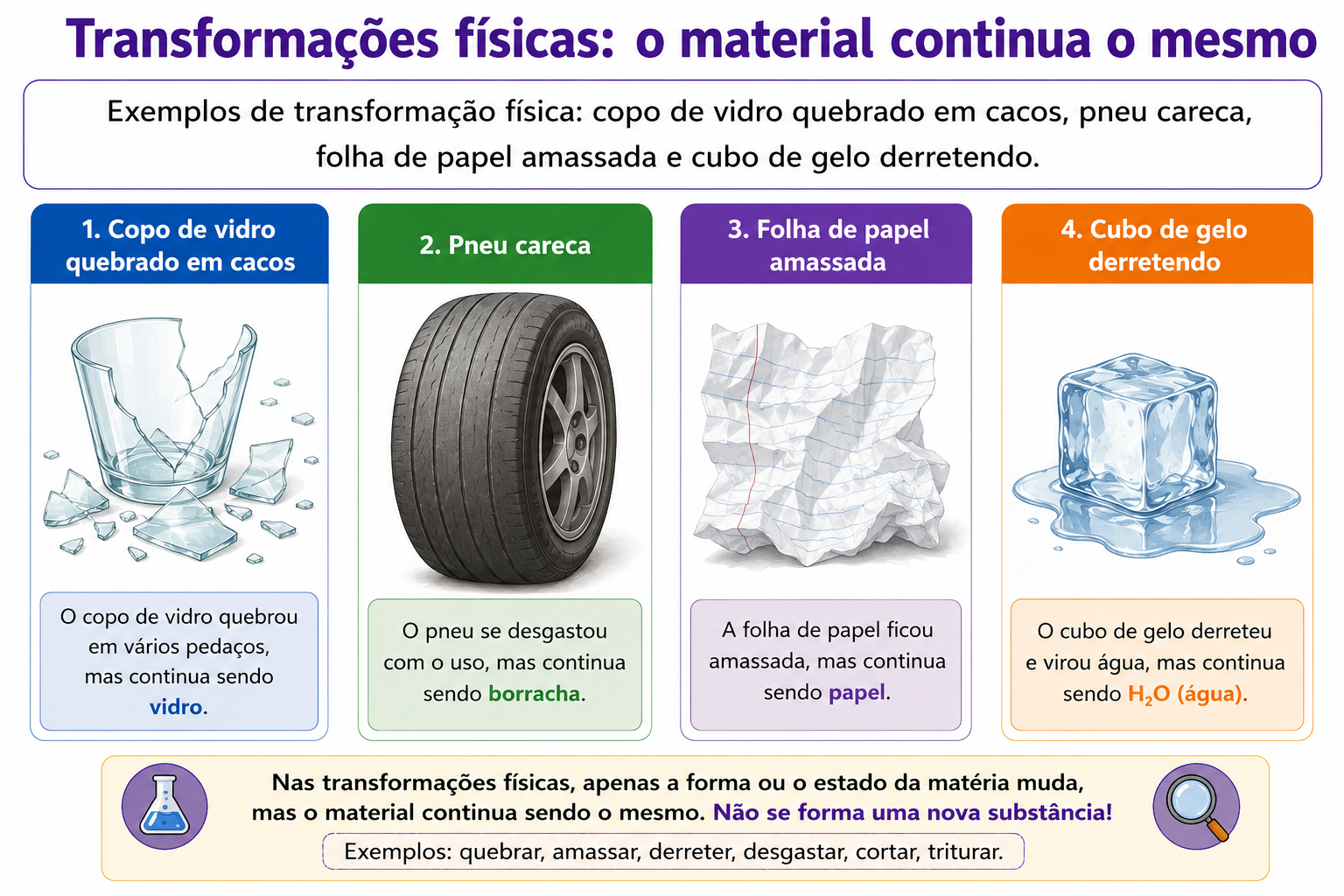 Exemplos de transformação física: copo de vidro quebrado em cacos, pneu careca, folha de papel amassada e cubo de gelo derretendo.